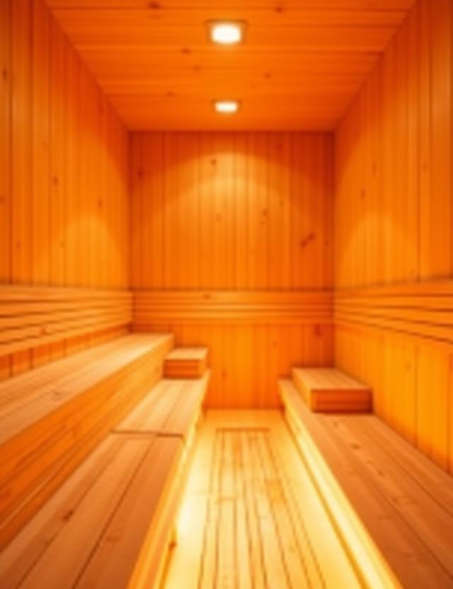 Intérieur luxueux du sauna avec des bancs en bois.