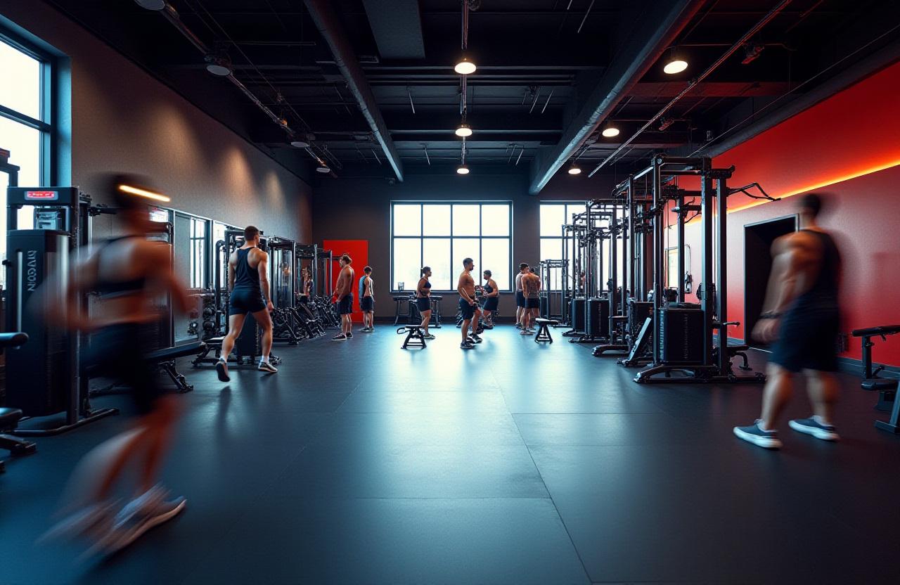 Vue panoramique de l'intérieur de la salle de sport Le Sommet Fitness avec des athlètes s'entraînant.
